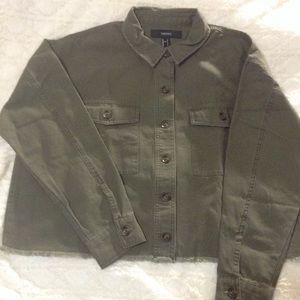 Forever 21 Oversized Olive Green Crop Denim Jacket